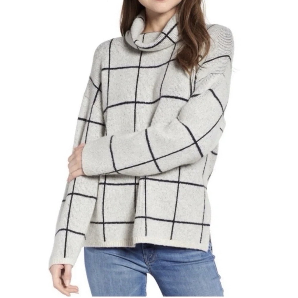 Madewell Striped Wool Blend Turtleneck Sweater Ivory Black Grid Small